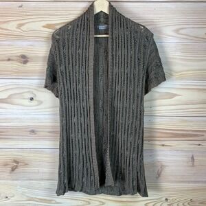 Per Una Italy Cardigan Large Crochet Open Longline Ribbed Knit Gray Boho Chic